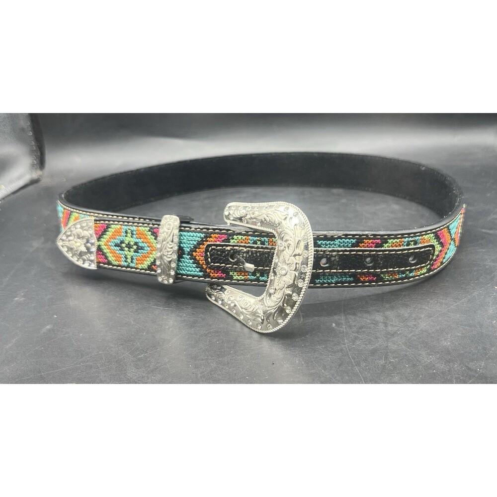 Nocona Girls Western Belt Size 30 Black Leather Aztec Beaded Rhinestone Buckle